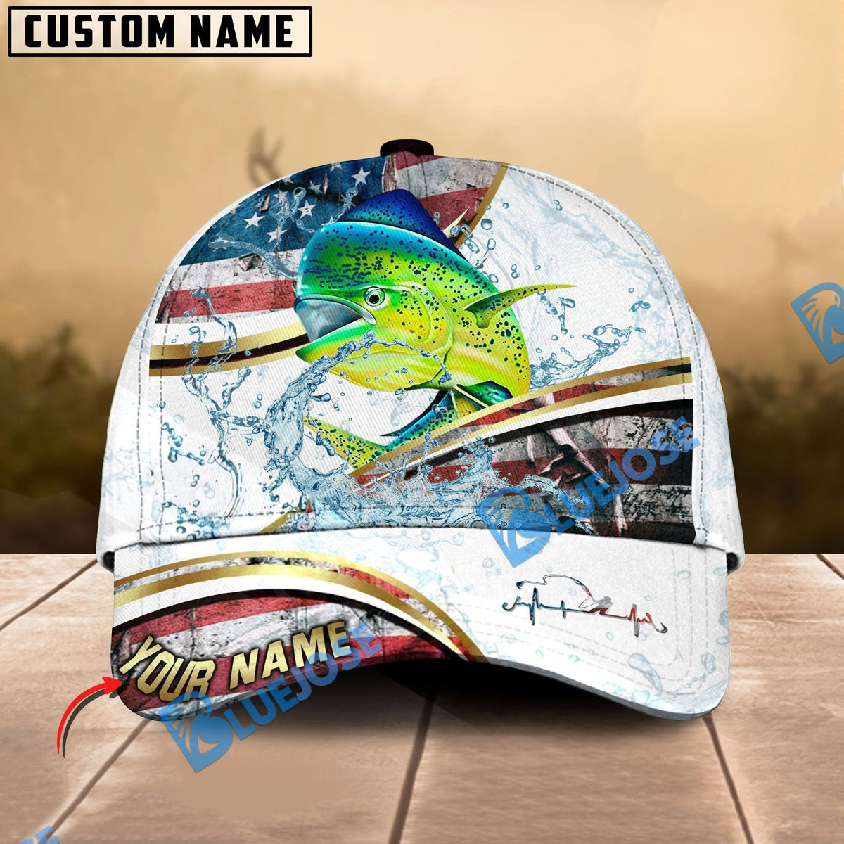 BlueJose Fishing Power Strike Vintage American Flag Design Personalized Cap (12 Breeds)