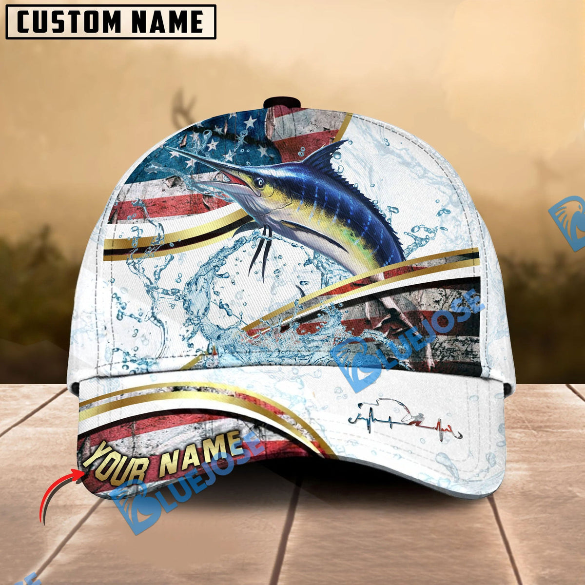 BlueJose Fishing Power Strike Vintage American Flag Design Personalized Cap (12 Breeds)