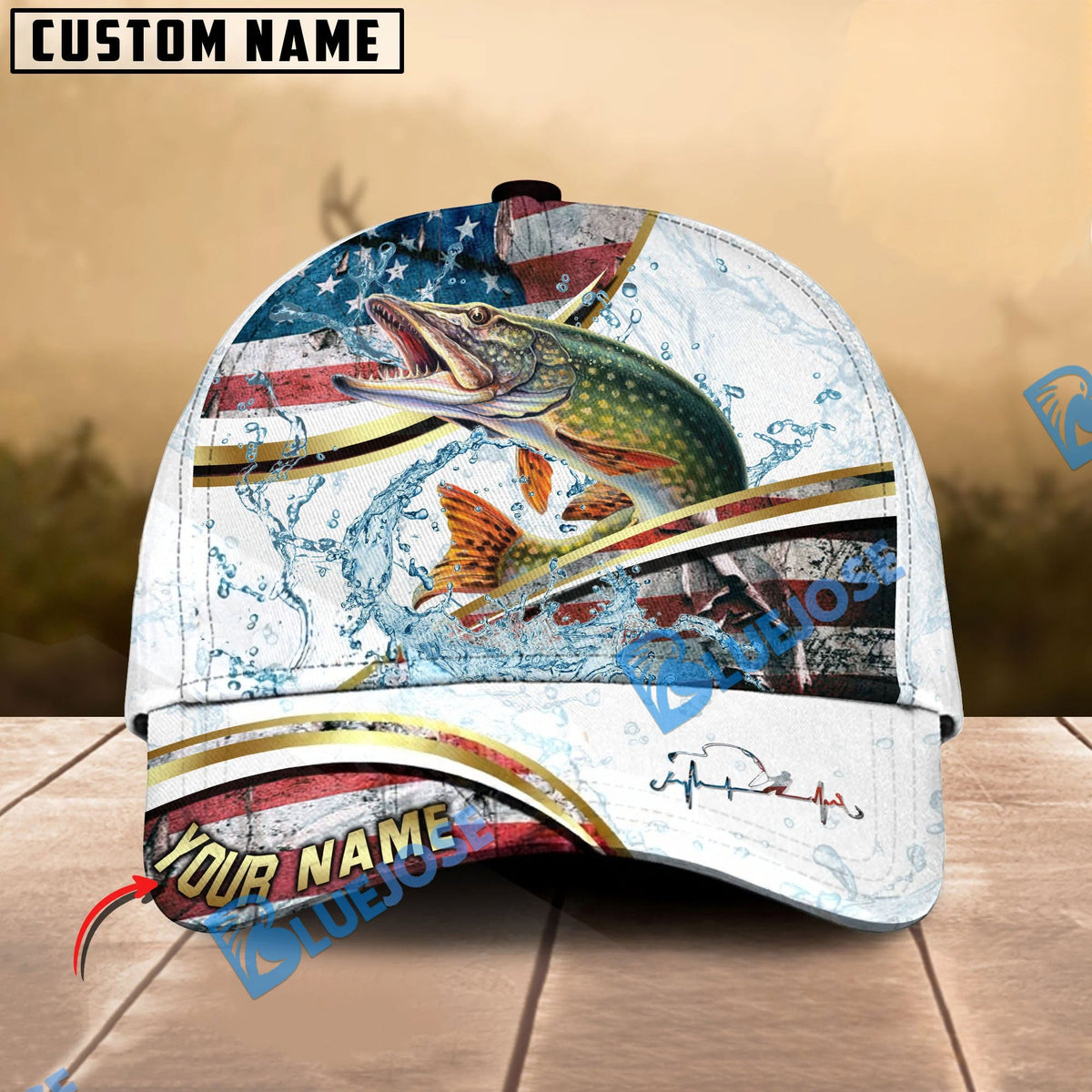 BlueJose Fishing Power Strike Vintage American Flag Design Personalized Cap (12 Breeds)