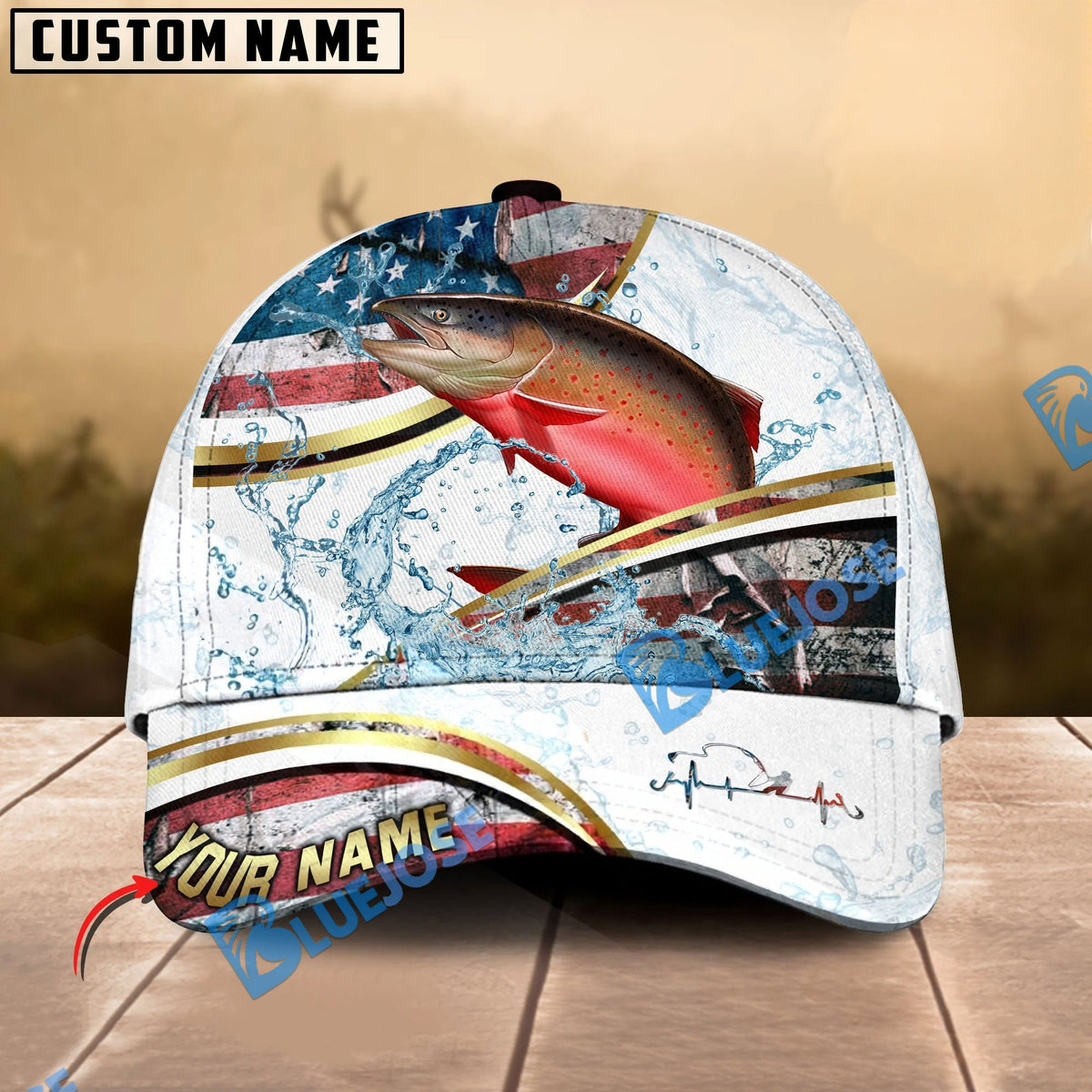BlueJose Fishing Power Strike Vintage American Flag Design Personalized Cap (12 Breeds)