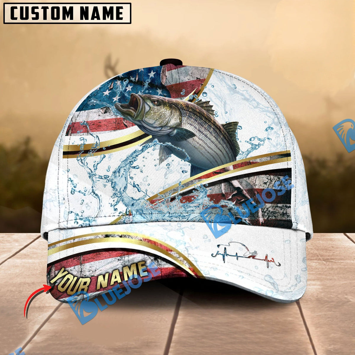 BlueJose Fishing Power Strike Vintage American Flag Design Personalized Cap (12 Breeds)