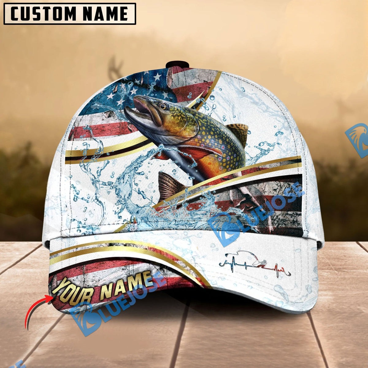 BlueJose Fishing Power Strike Vintage American Flag Design Personalized Cap (12 Breeds)