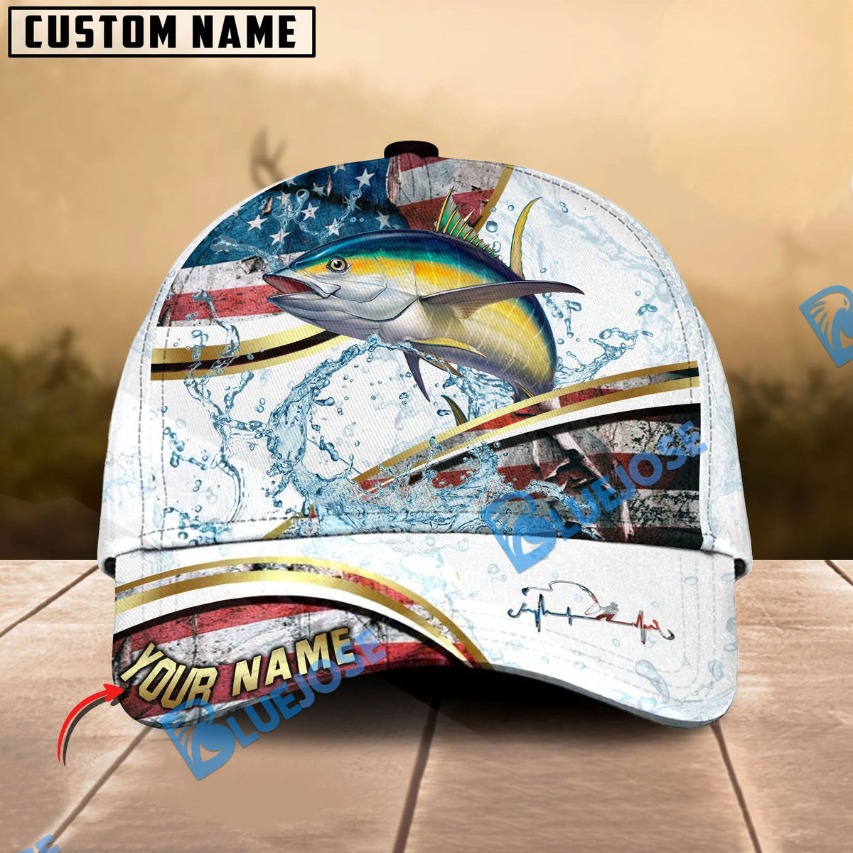 BlueJose Fishing Power Strike Vintage American Flag Design Personalized Cap (12 Breeds)