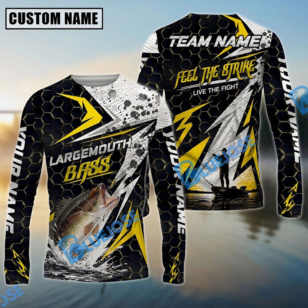 BlueJose Fishing Yellow Thunder Hexagonal Splatter Custom Name & Team Name 3D Shirts (12 Breeds)