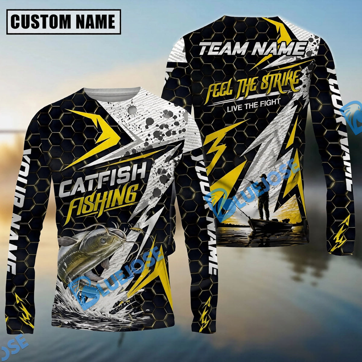 BlueJose Fishing Yellow Thunder Hexagonal Splatter Custom Name & Team Name 3D Shirts (12 Breeds)