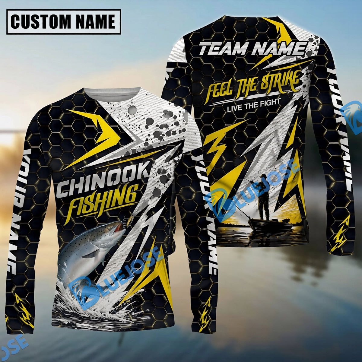 BlueJose Fishing Yellow Thunder Hexagonal Splatter Custom Name & Team Name 3D Shirts (12 Breeds)