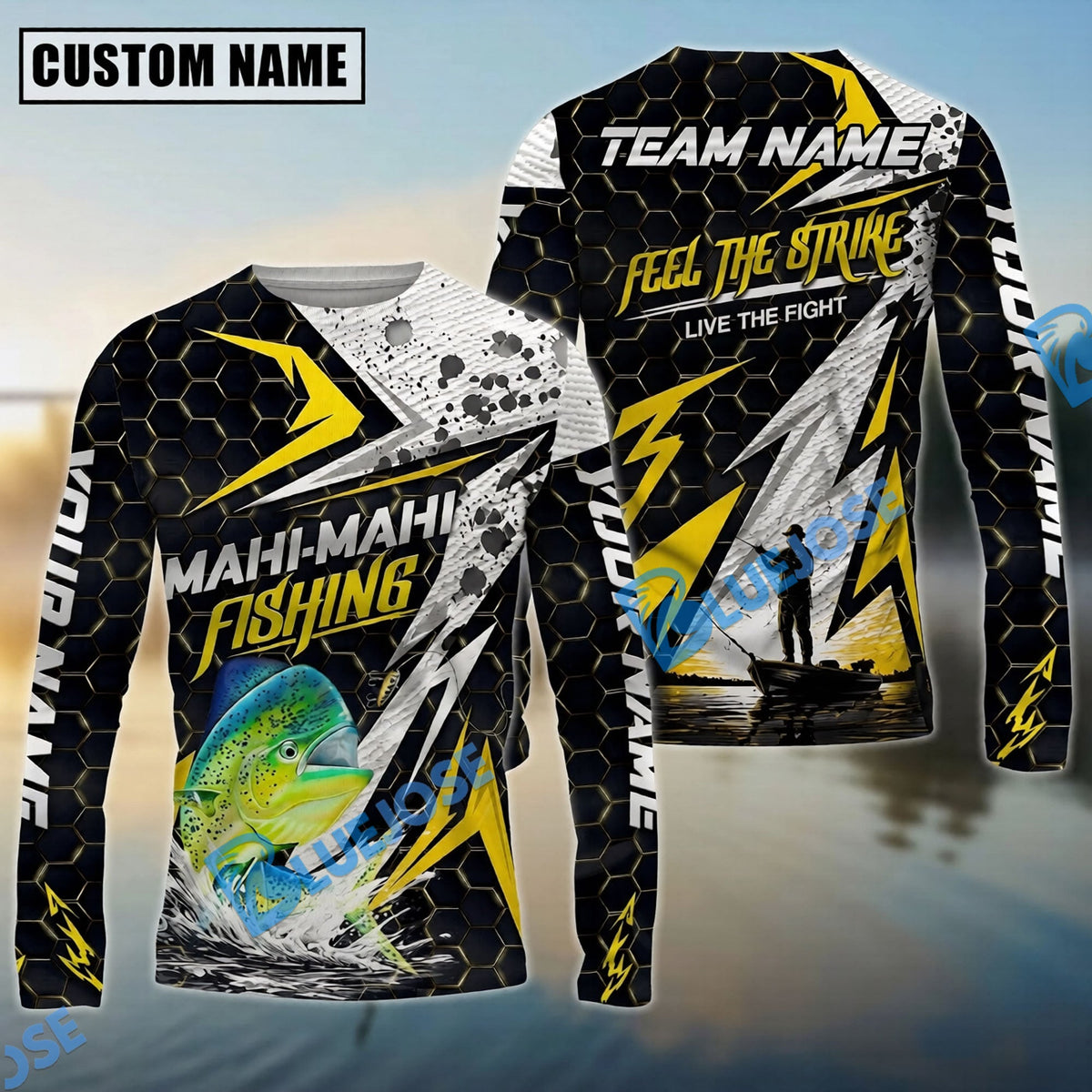 BlueJose Fishing Yellow Thunder Hexagonal Splatter Custom Name & Team Name 3D Shirts (12 Breeds)