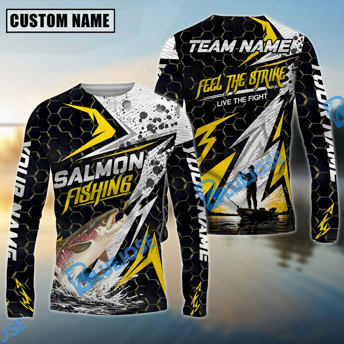 BlueJose Fishing Yellow Thunder Hexagonal Splatter Custom Name & Team Name 3D Shirts (12 Breeds)