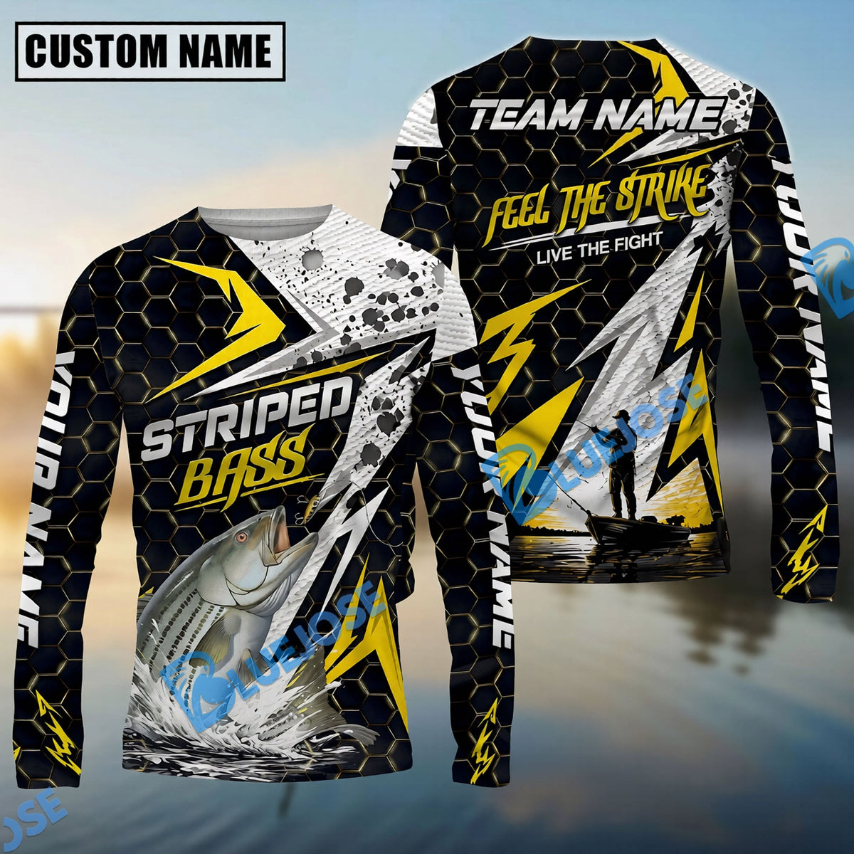 BlueJose Fishing Yellow Thunder Hexagonal Splatter Custom Name & Team Name 3D Shirts (12 Breeds)