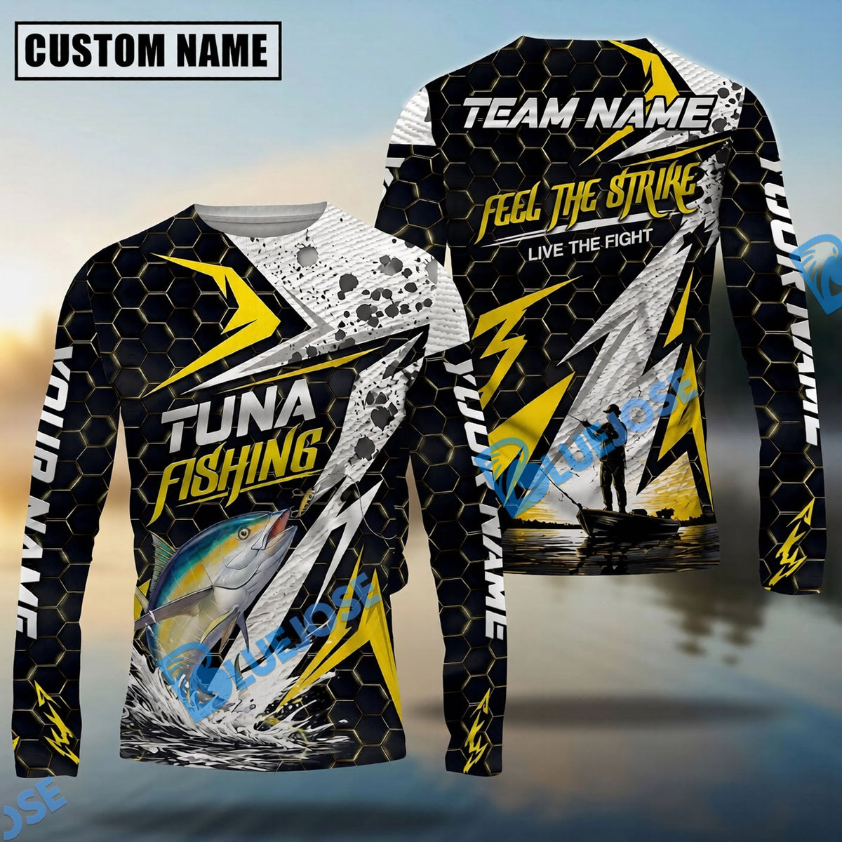 BlueJose Fishing Yellow Thunder Hexagonal Splatter Custom Name & Team Name 3D Shirts (12 Breeds)