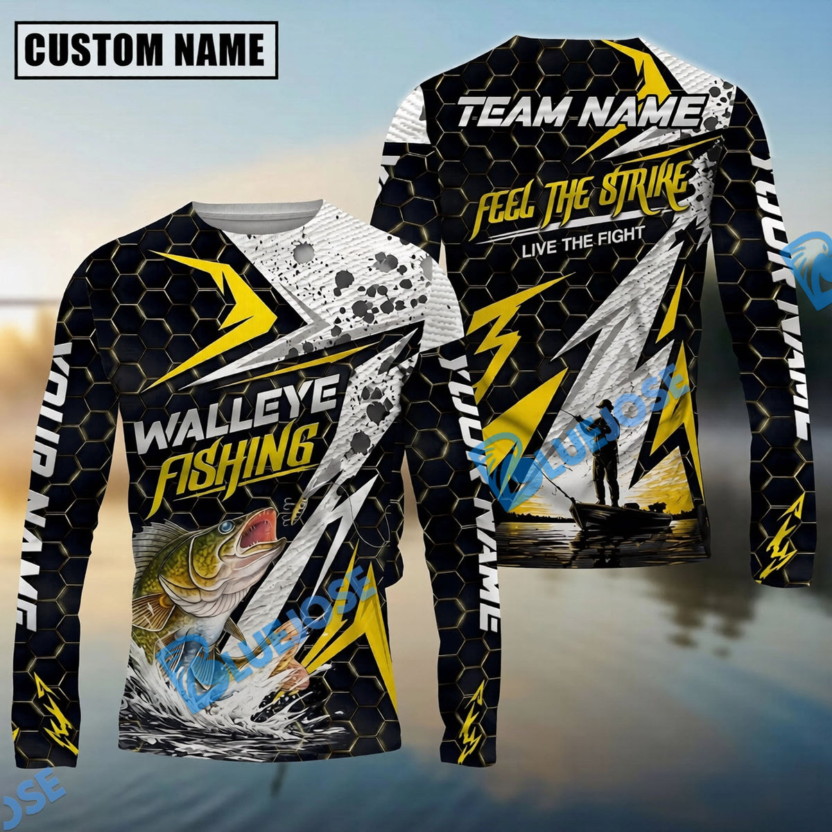 BlueJose Fishing Yellow Thunder Hexagonal Splatter Custom Name & Team Name 3D Shirts (12 Breeds)