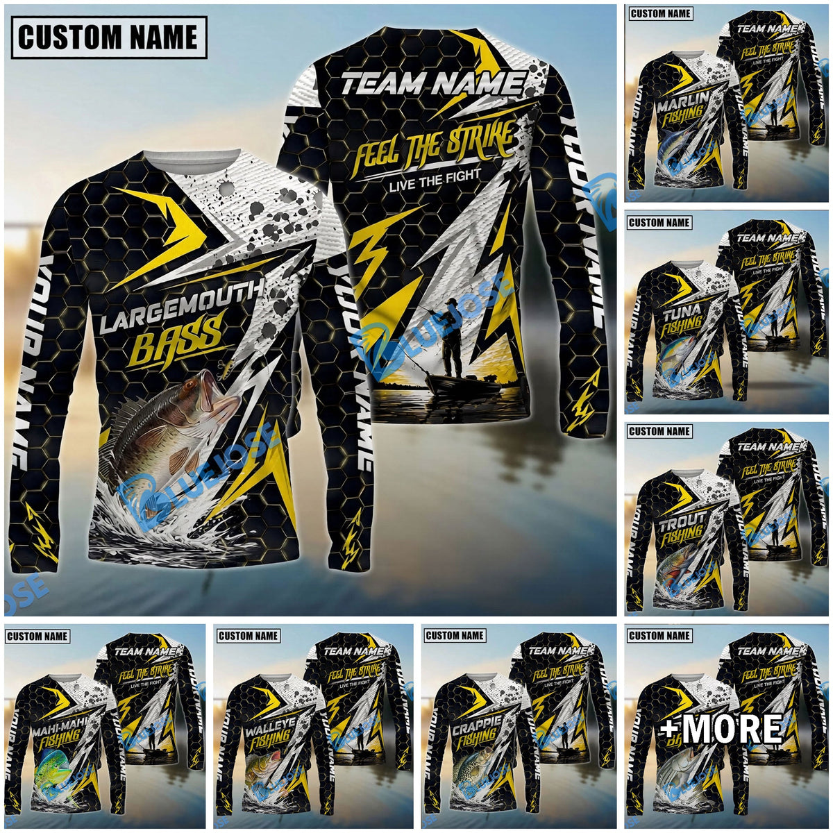 BlueJose Fishing Yellow Thunder Hexagonal Splatter Custom Name & Team Name 3D Shirts (12 Breeds)