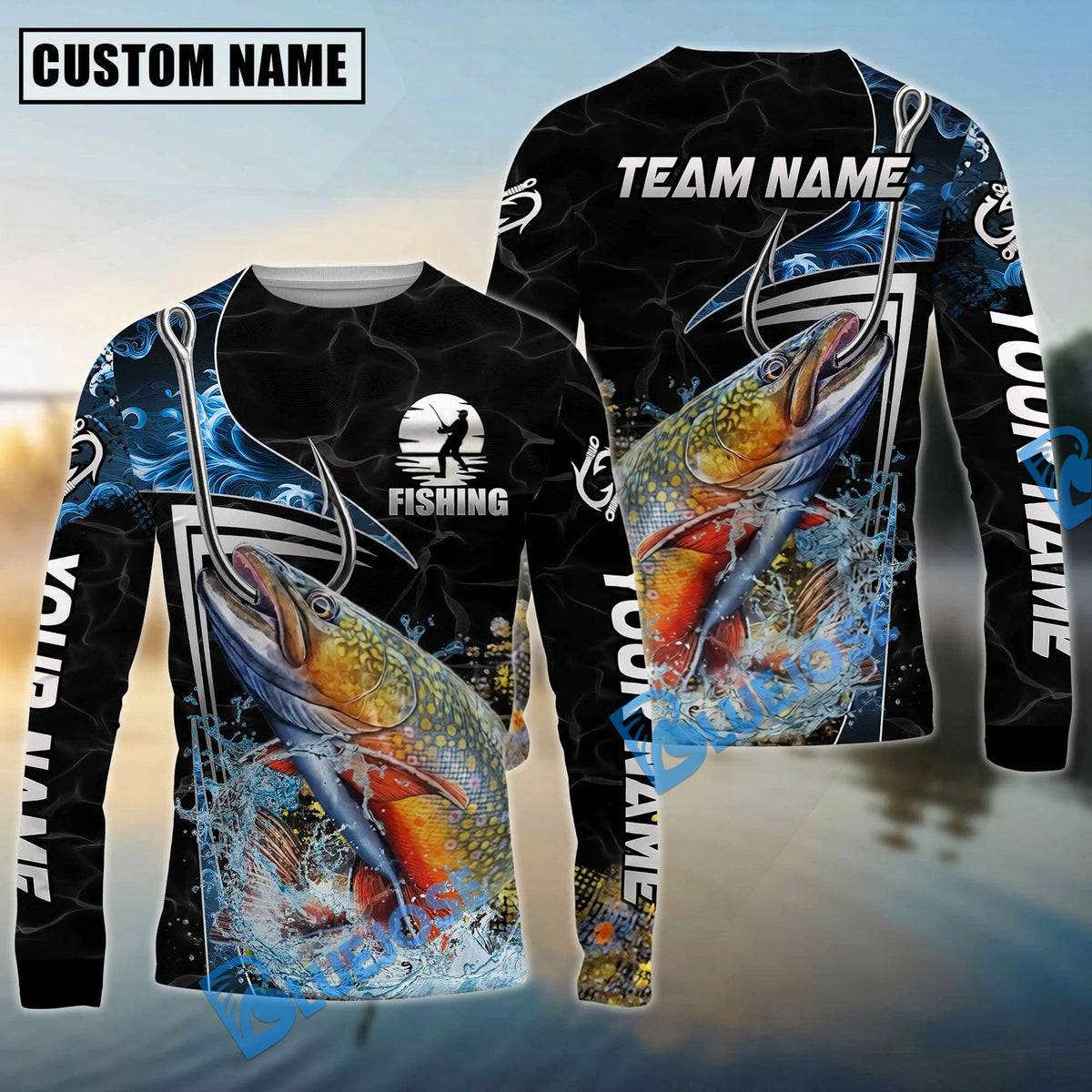 BlueJose Fishing Black Blue Wave Scale Pattern Custom Name & Team Name 3D Shirts (12 Breeds)