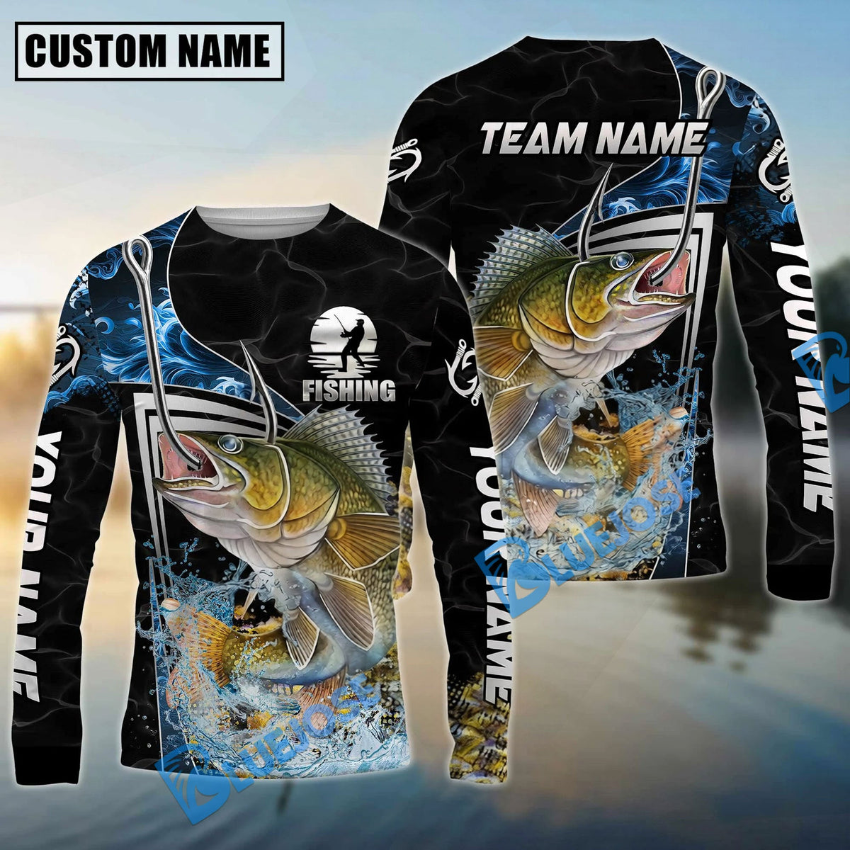 BlueJose Fishing Black Blue Wave Scale Pattern Custom Name & Team Name 3D Shirts (12 Breeds)