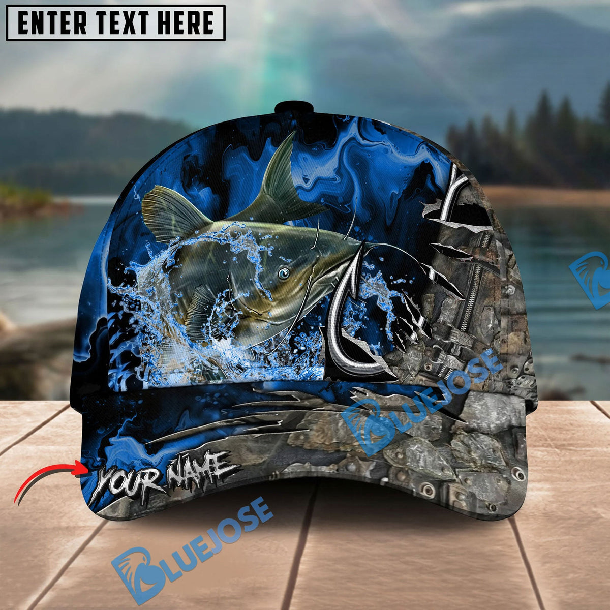 BlueJose Fishing Splash Water Hook Jacket Camo Personalized Name Classic 3D Cap Personalized Cap (13 Breeds)