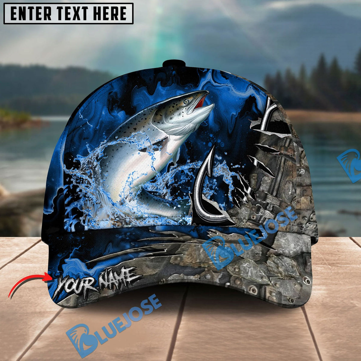 BlueJose Fishing Splash Water Hook Jacket Camo Personalized Name Classic 3D Cap Personalized Cap (13 Breeds)