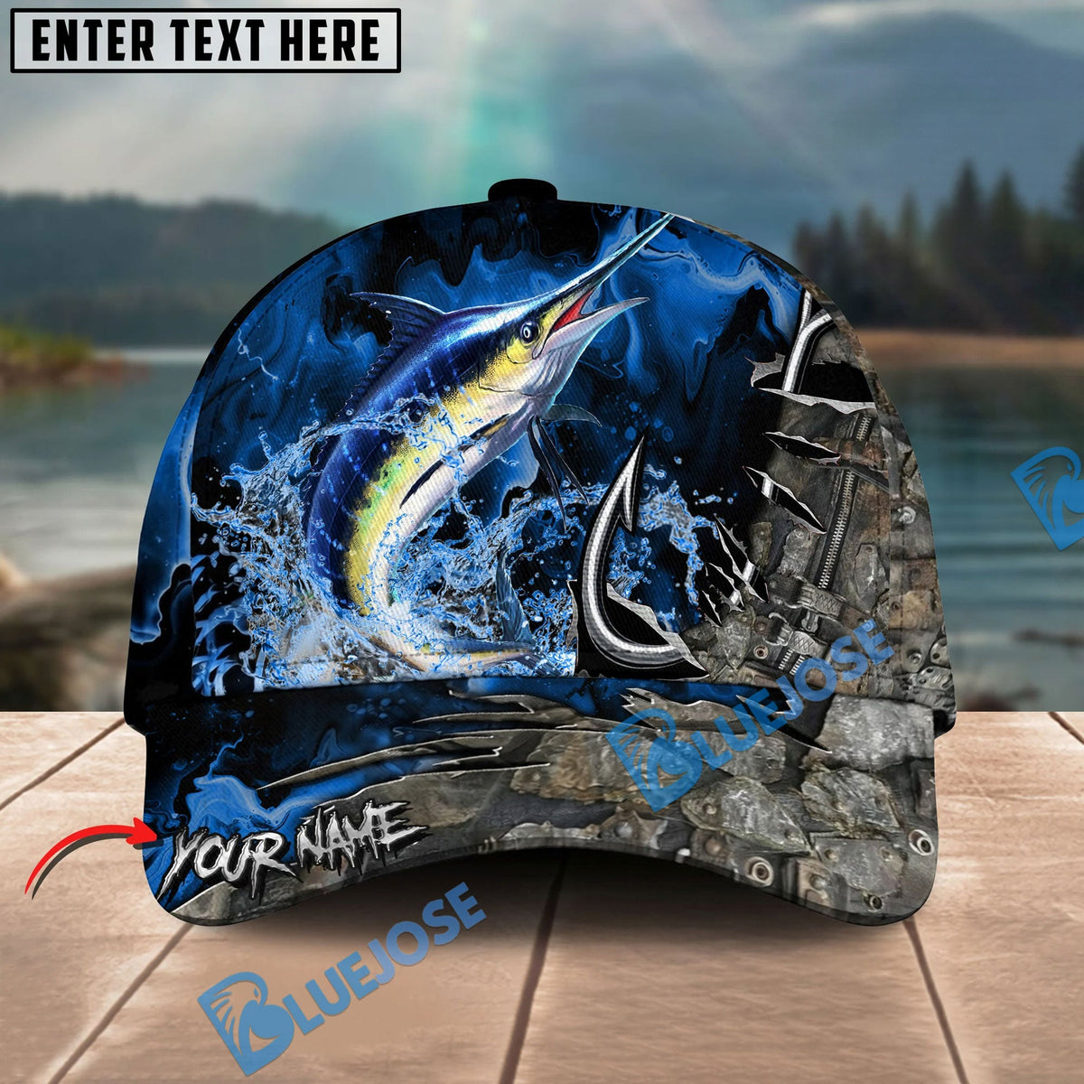BlueJose Fishing Splash Water Hook Jacket Camo Personalized Name Classic 3D Cap Personalized Cap (13 Breeds)