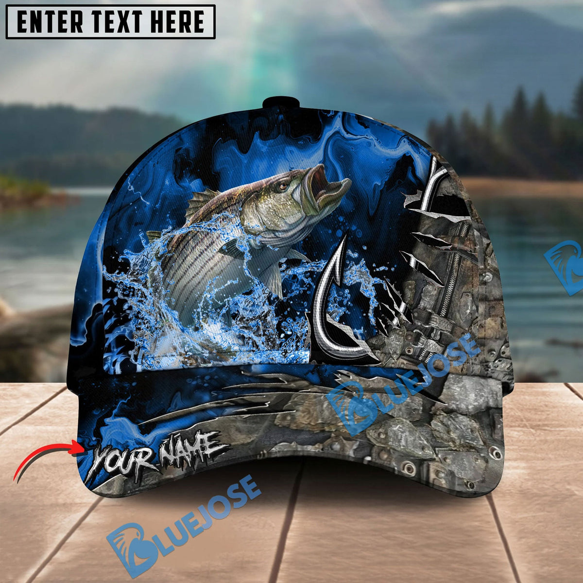BlueJose Fishing Splash Water Hook Jacket Camo Personalized Name Classic 3D Cap Personalized Cap (13 Breeds)