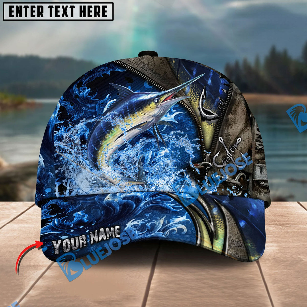 BlueJose Fishing Ocean Wave Hook Zipper Style Personalized Name Classic 3D Cap Personalized Cap (13 Breeds)