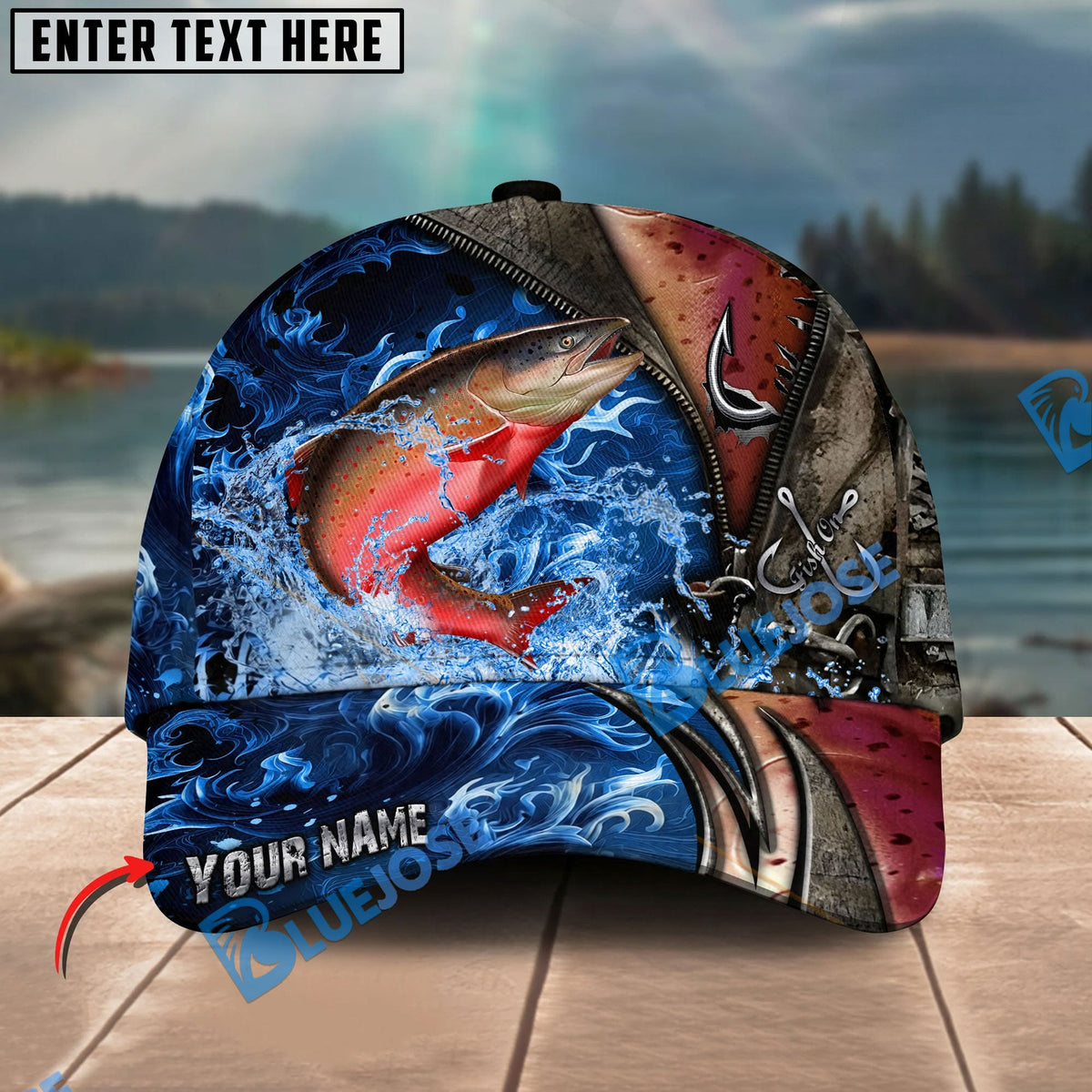 BlueJose Fishing Ocean Wave Hook Zipper Style Personalized Name Classic 3D Cap Personalized Cap (13 Breeds)