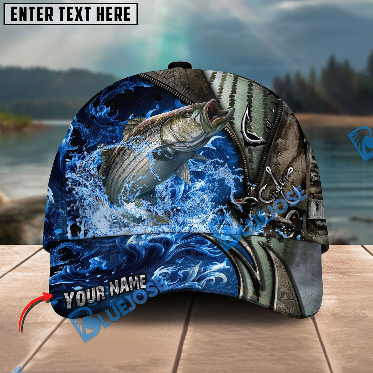 BlueJose Fishing Ocean Wave Hook Zipper Style Personalized Name Classic 3D Cap Personalized Cap (13 Breeds)