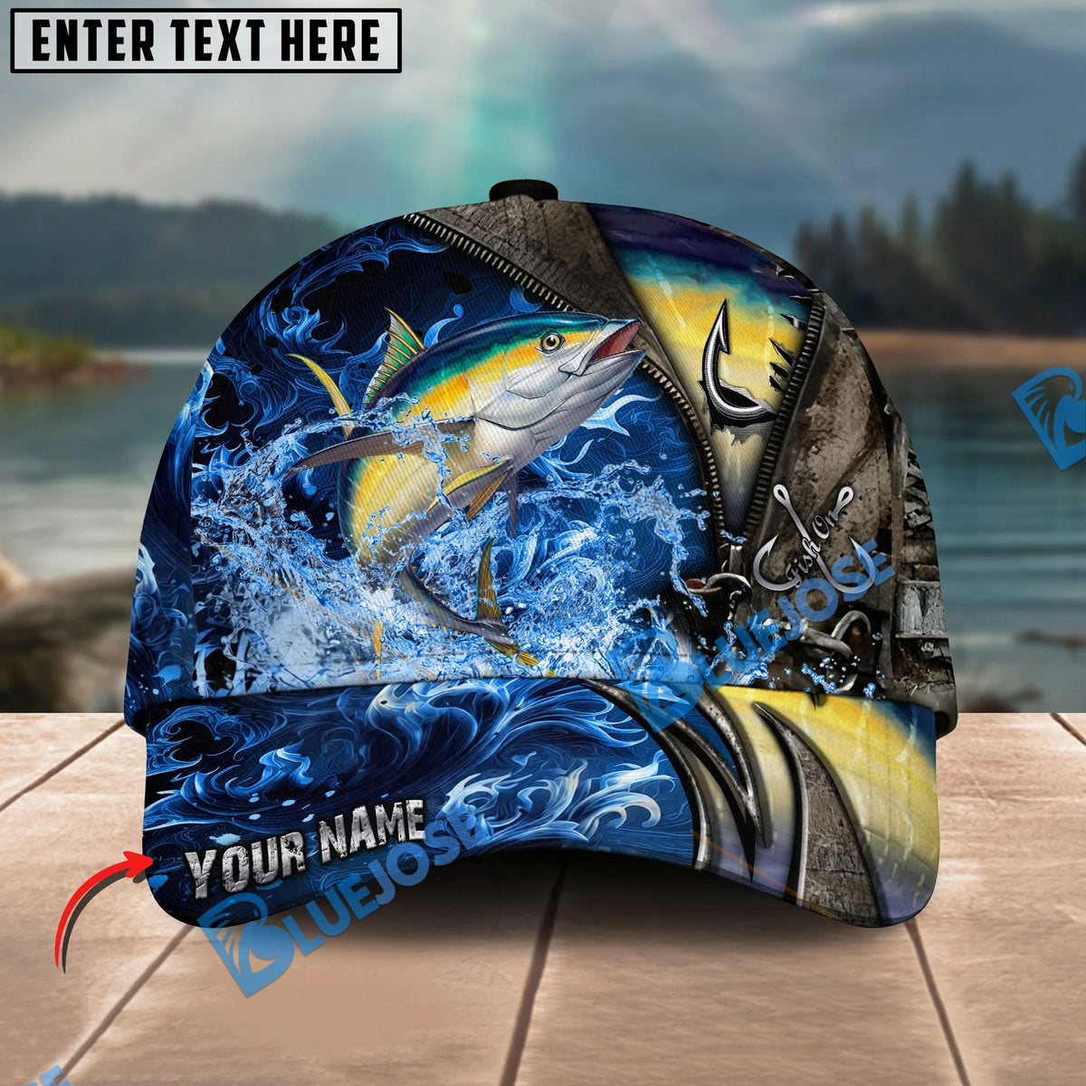 BlueJose Fishing Ocean Wave Hook Zipper Style Personalized Name Classic 3D Cap Personalized Cap (13 Breeds)