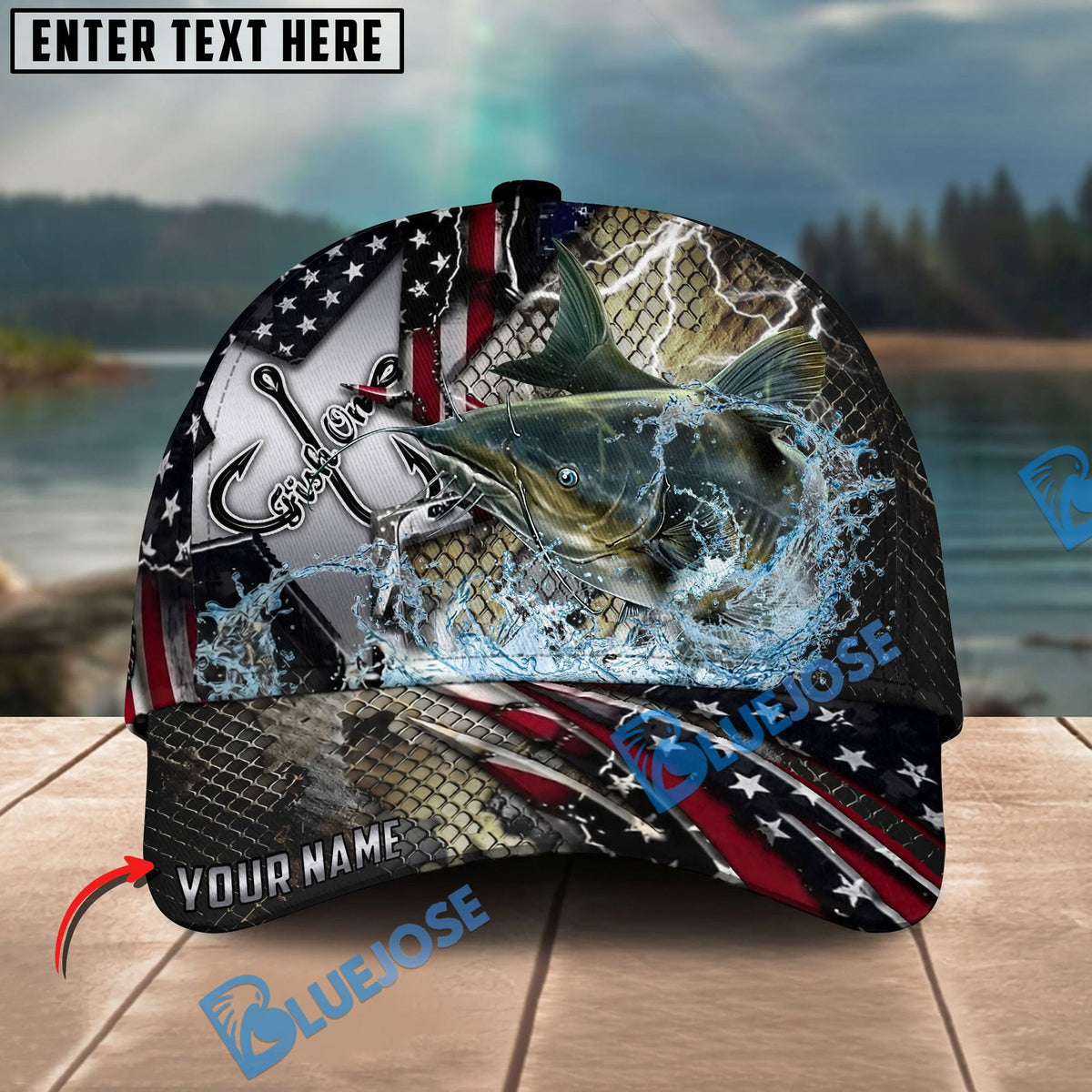 BlueJose Fishing Vintage Hook Patriotic Style Personalized Name Classic 3D Cap Personalized Cap (13 Breeds)