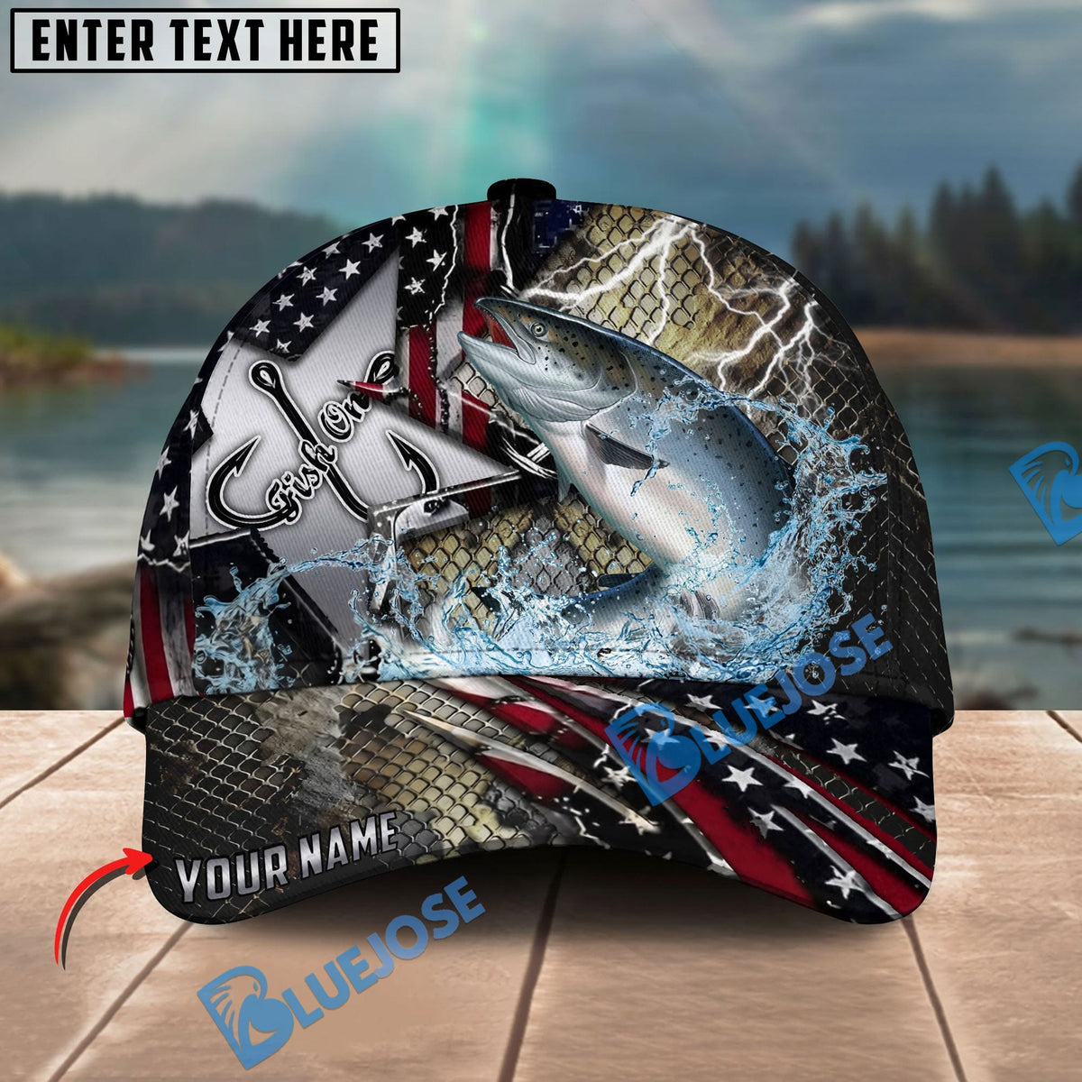 BlueJose Fishing Vintage Hook Patriotic Style Personalized Name Classic 3D Cap Personalized Cap (13 Breeds)