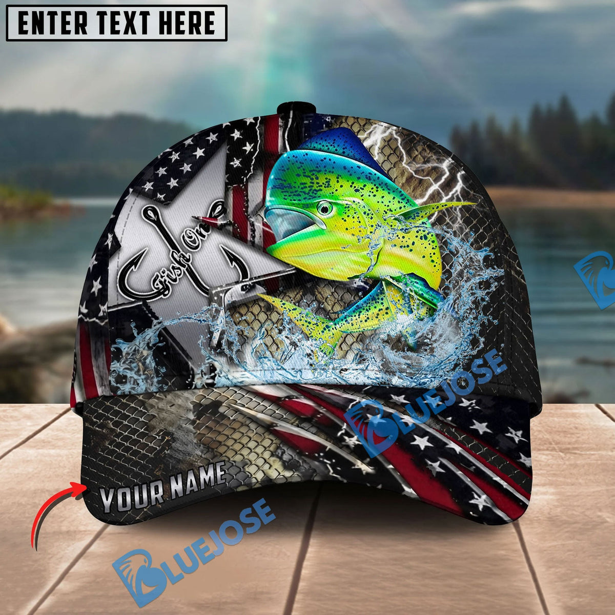BlueJose Fishing Vintage Hook Patriotic Style Personalized Name Classic 3D Cap Personalized Cap (13 Breeds)