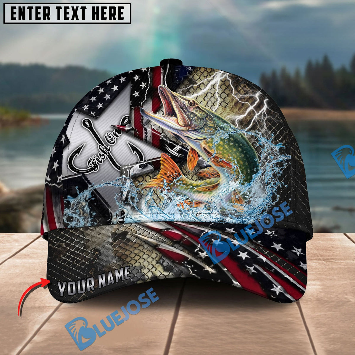 BlueJose Fishing Vintage Hook Patriotic Style Personalized Name Classic 3D Cap Personalized Cap (13 Breeds)