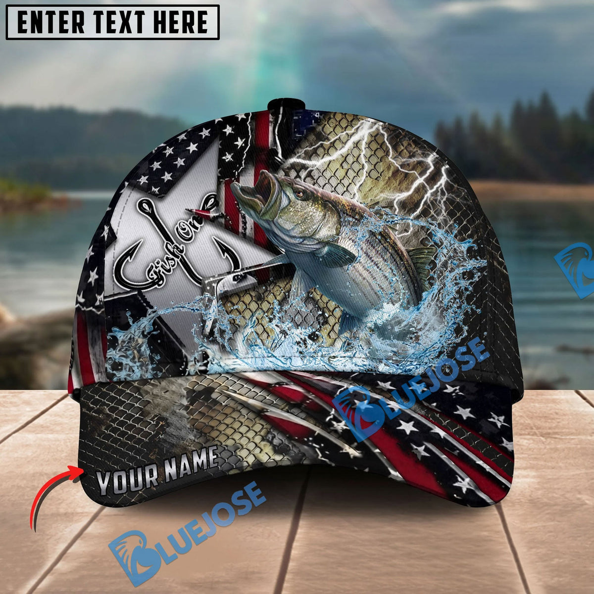 BlueJose Fishing Vintage Hook Patriotic Style Personalized Name Classic 3D Cap Personalized Cap (13 Breeds)