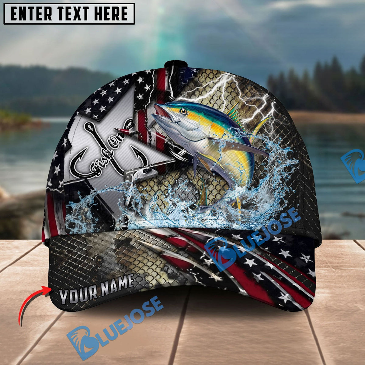 BlueJose Fishing Vintage Hook Patriotic Style Personalized Name Classic 3D Cap Personalized Cap (13 Breeds)