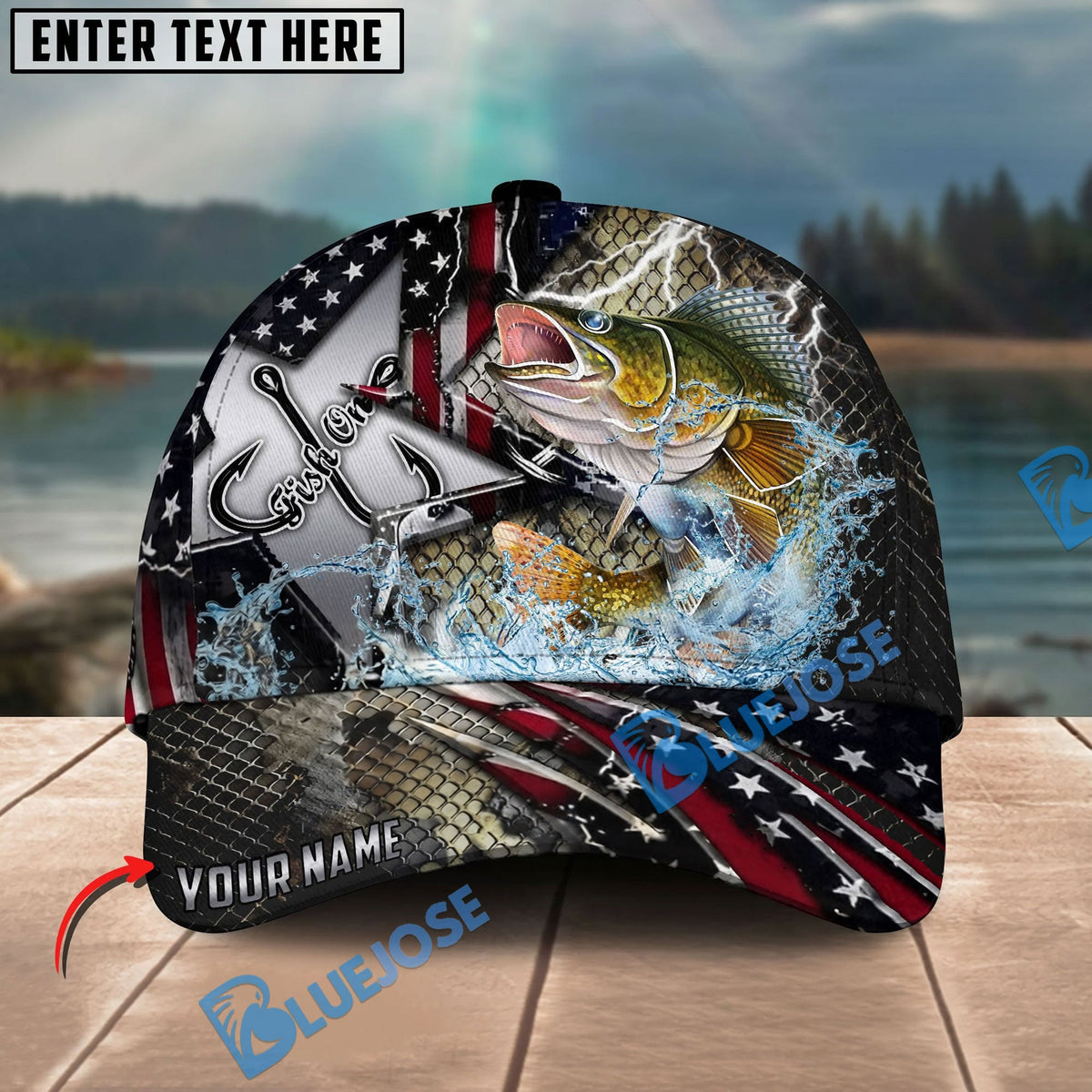BlueJose Fishing Vintage Hook Patriotic Style Personalized Name Classic 3D Cap Personalized Cap (13 Breeds)