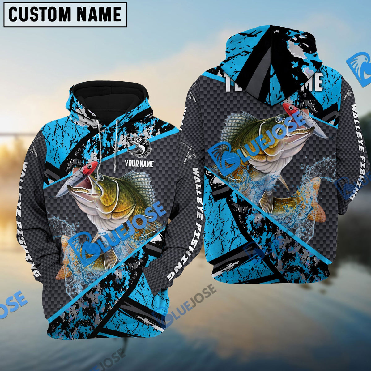 BlueJose Walleye Fishing Blue Camo 2 Sport Custom Name & Team Name 3D Shirts
