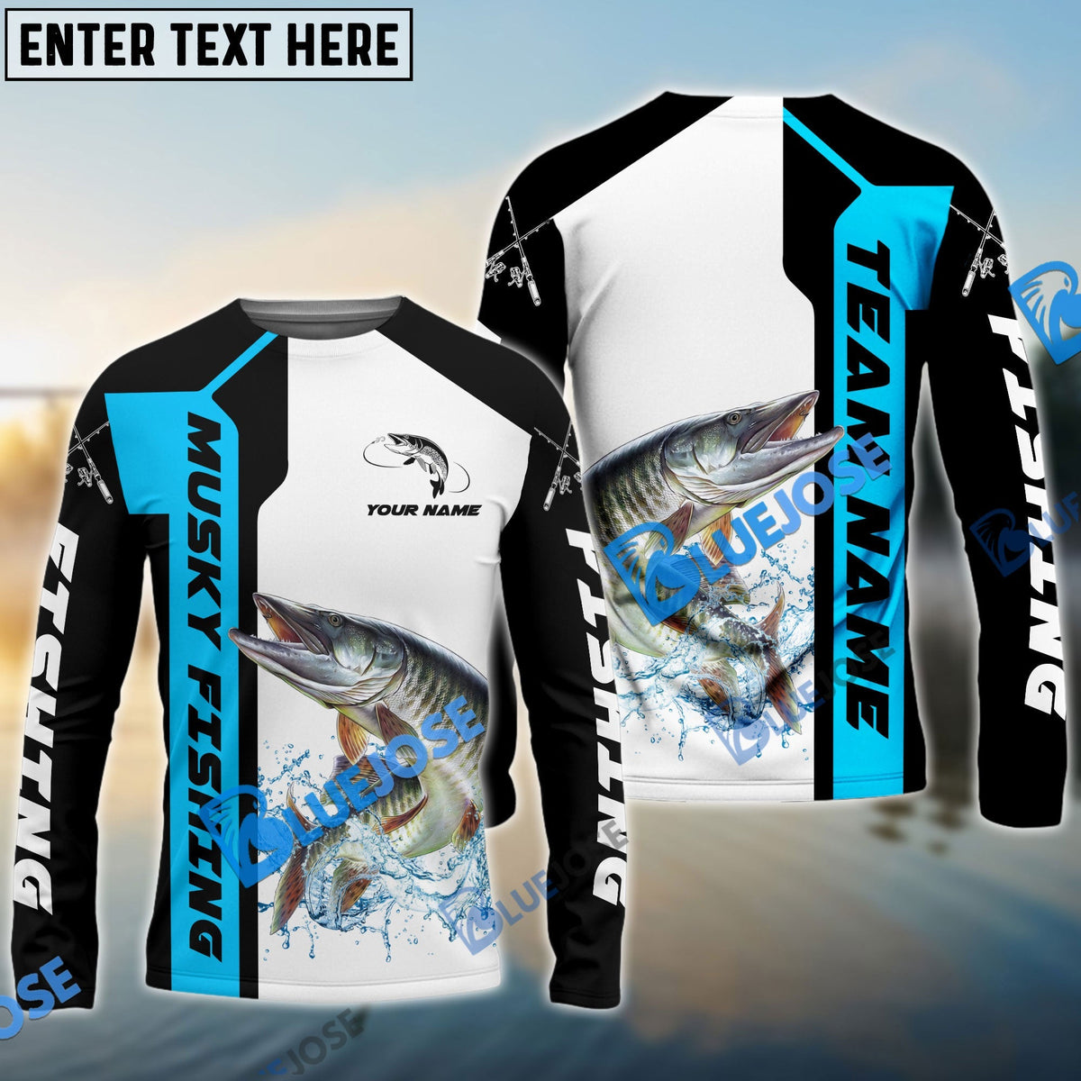 BlueJose Musky Fishing Blue Line Sport Custom Name & Team Name 3D Shirts