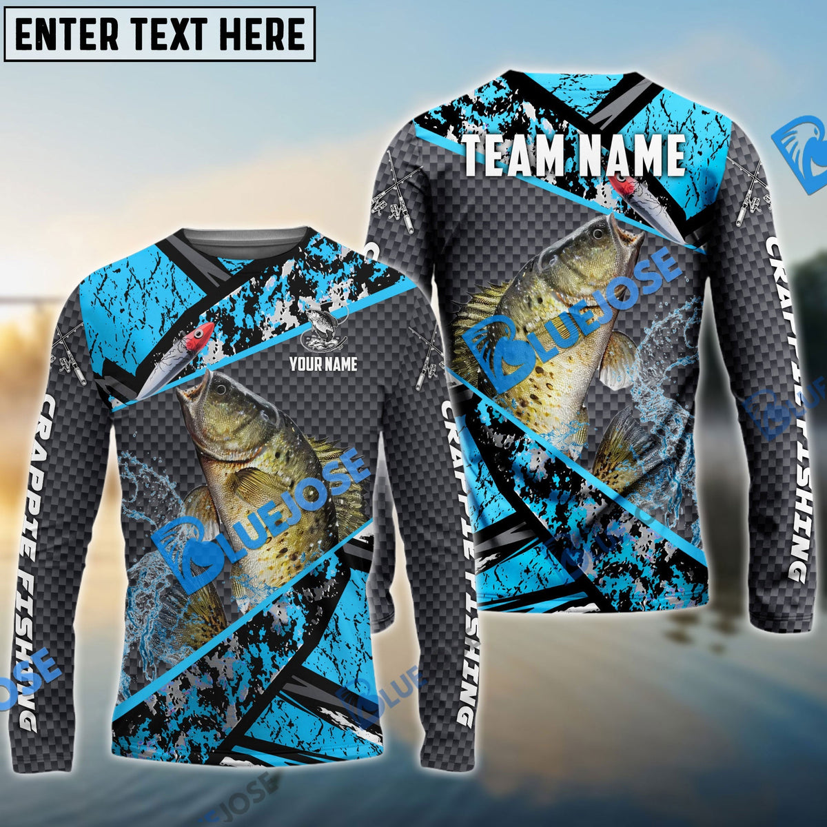 BlueJose Crappie Fishing Blue Camo 2 Sport Custom Name & Team Name 3D Shirts
