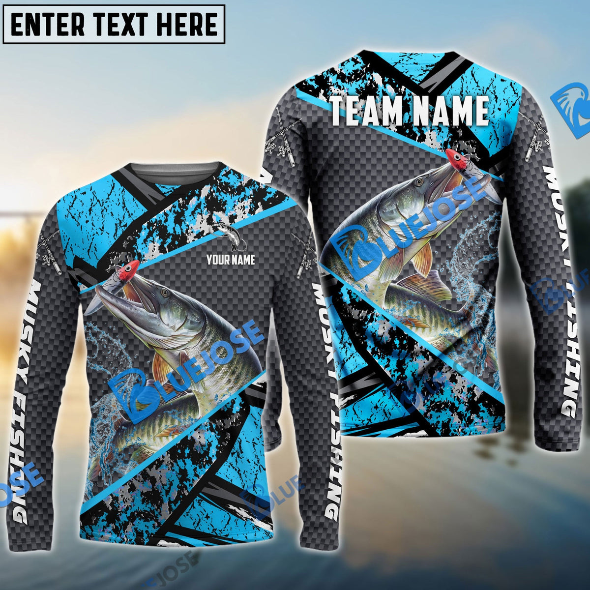 BlueJose Musky Fishing Blue Camo 2 Sport Custom Name & Team Name 3D Shirts