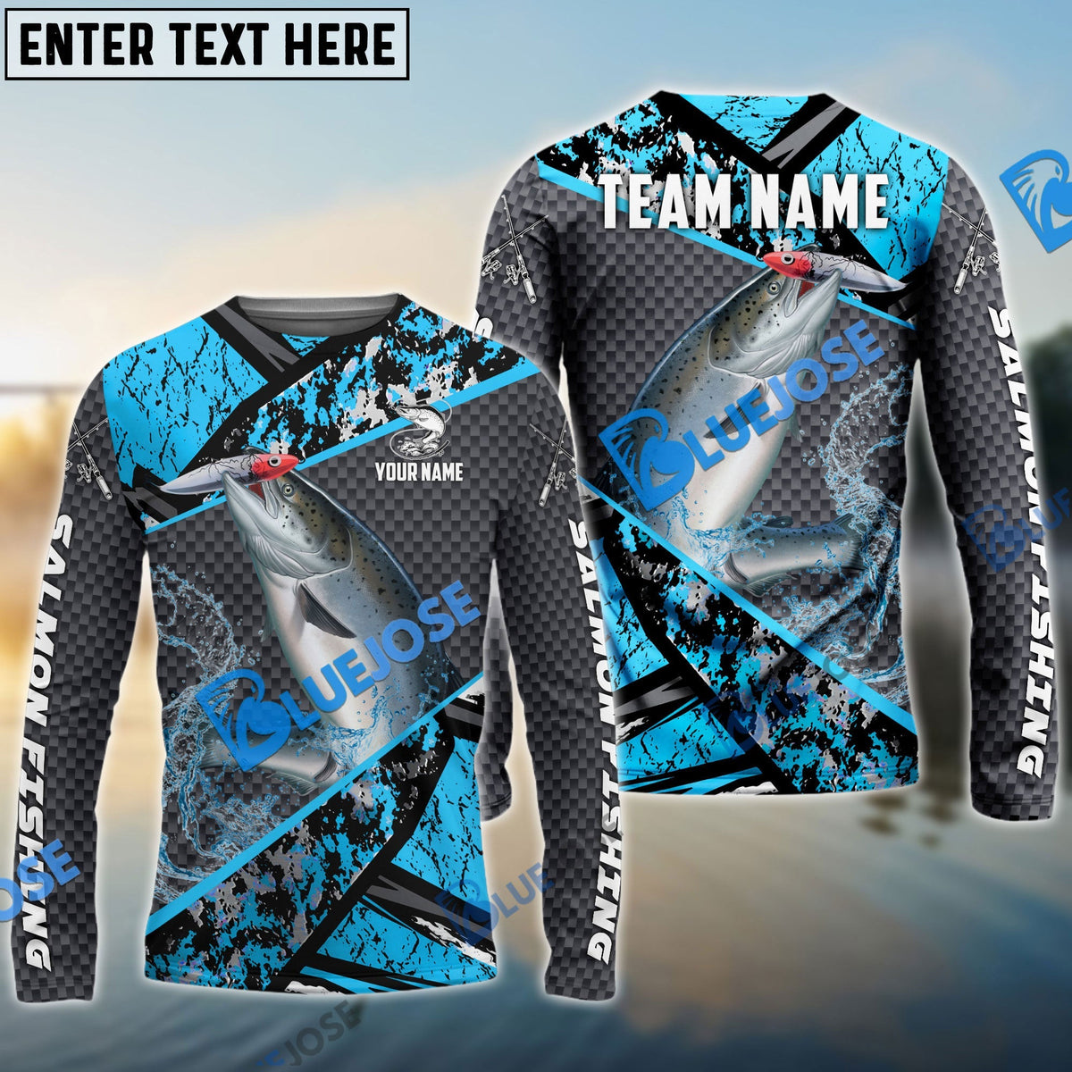 BlueJose Salmon Fishing Blue Camo 2 Sport Custom Name & Team Name 3D Shirts