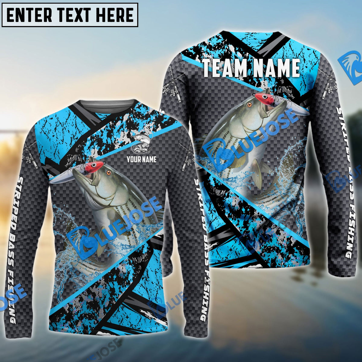 BlueJose Striped Bass Fishing Blue Camo 2 Sport Custom Name & Team Name 3D Shirts