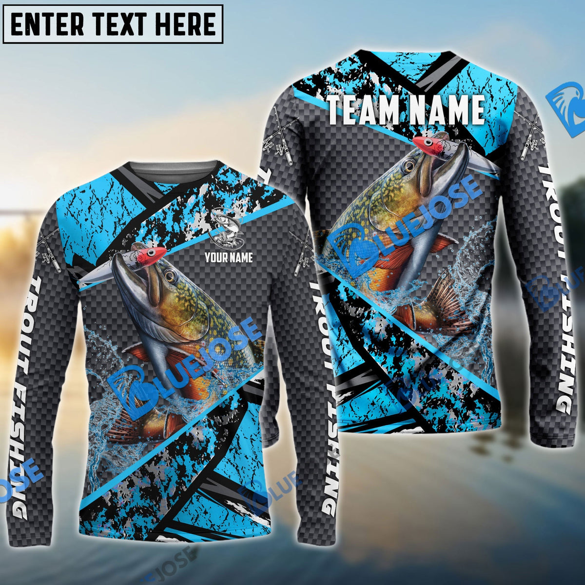 BlueJose Trout Fishing Blue Camo 2 Sport Custom Name & Team Name 3D Shirts