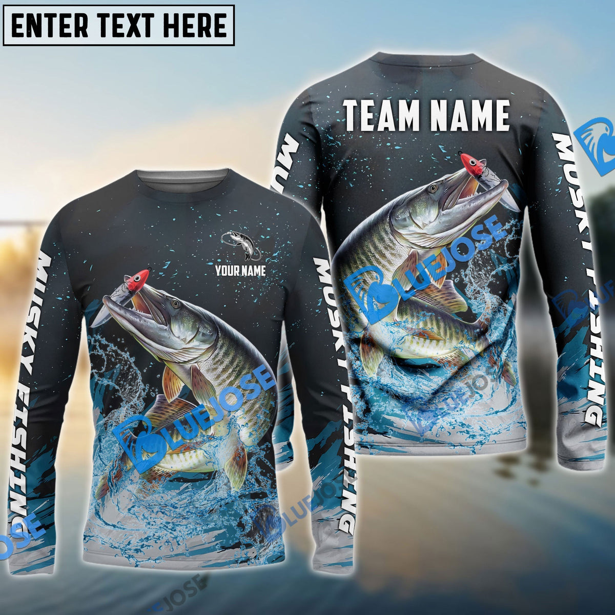 BlueJose Musky Fishing Dark Blue Sport Custom Name & Team Name 3D Shirts