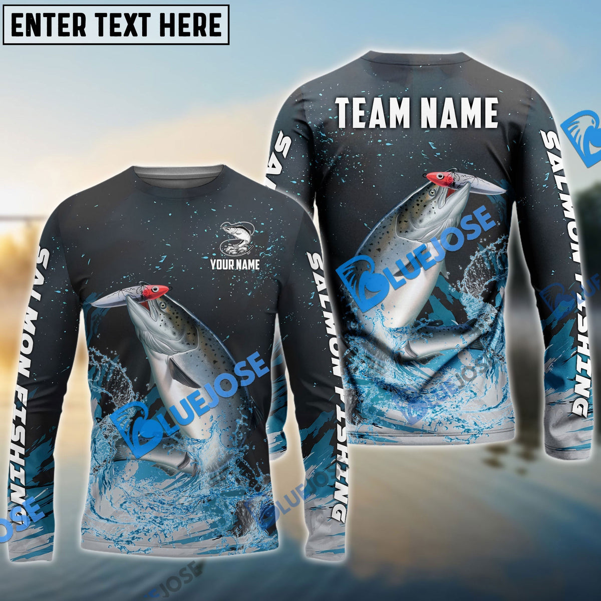 BlueJose Salmon Fishing Dark Blue Sport Custom Name & Team Name 3D Shirts