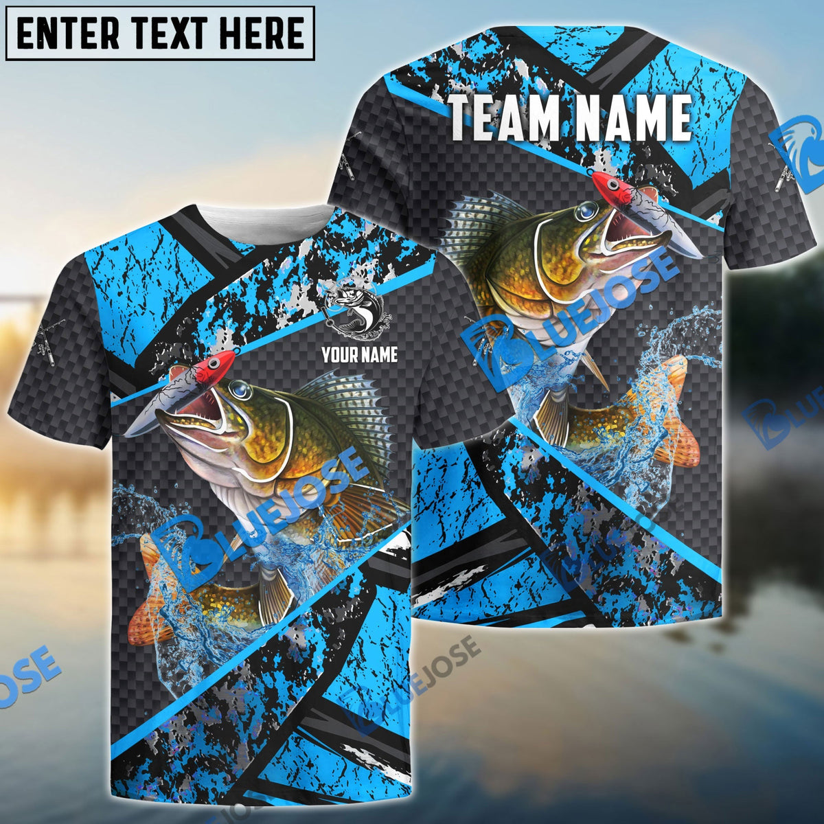 BlueJose Walleye Fishing Blue Camo 2 Sport Custom Name & Team Name 3D Shirts