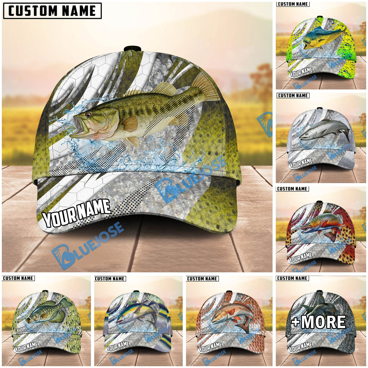 BlueJose Fishing Fish Scale Silver Stripe Personalized Name Classic 3D Cap (13 Breeds)