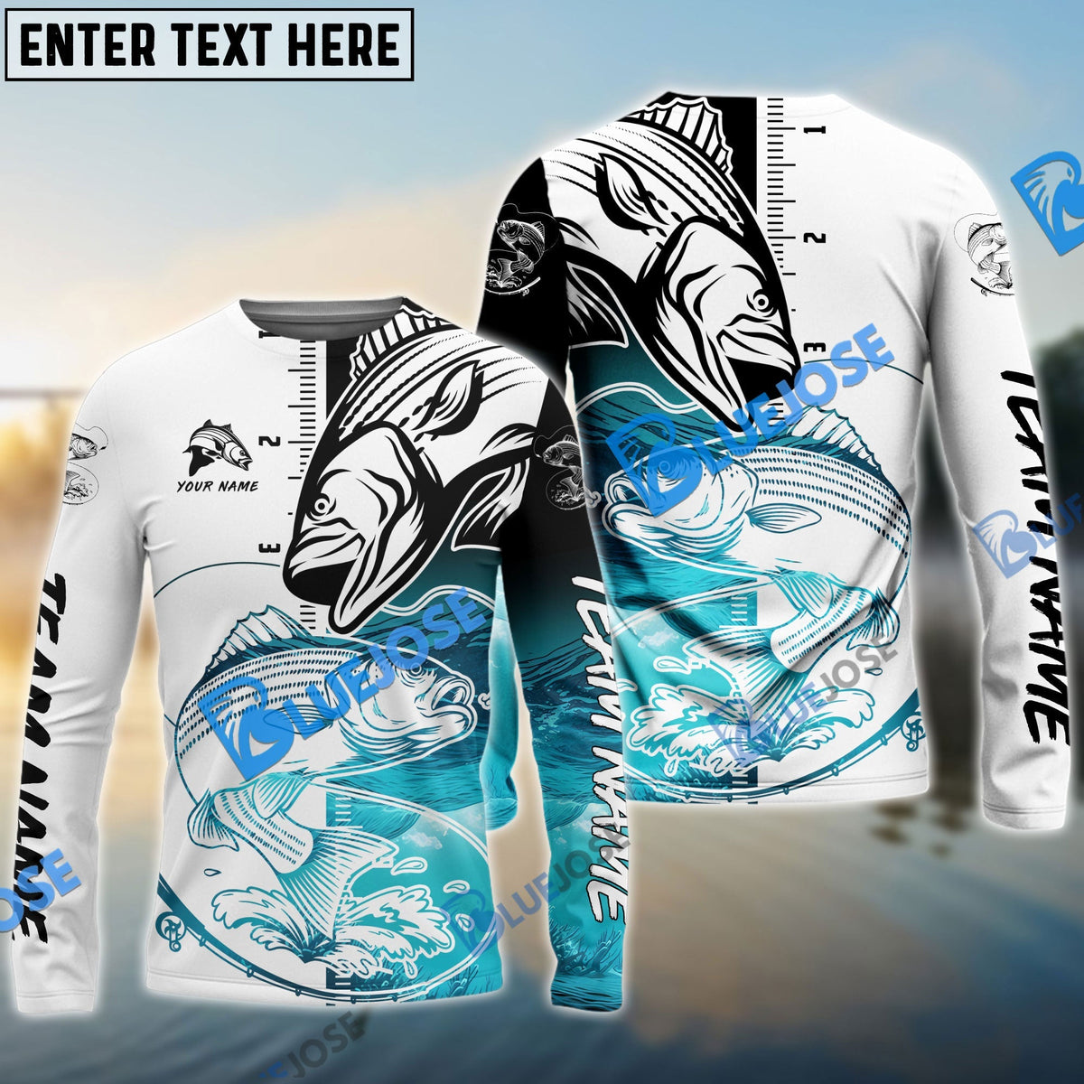 BlueJose Striped Bass Fishing White Blue Water Custom Name & Team Name 3D Shirts