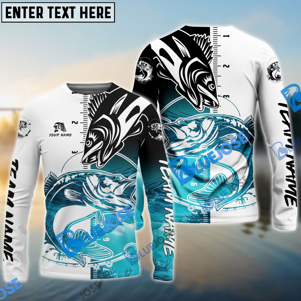 BlueJose Walleye Fishing White Blue Water Custom Name & Team Name 3D Shirts