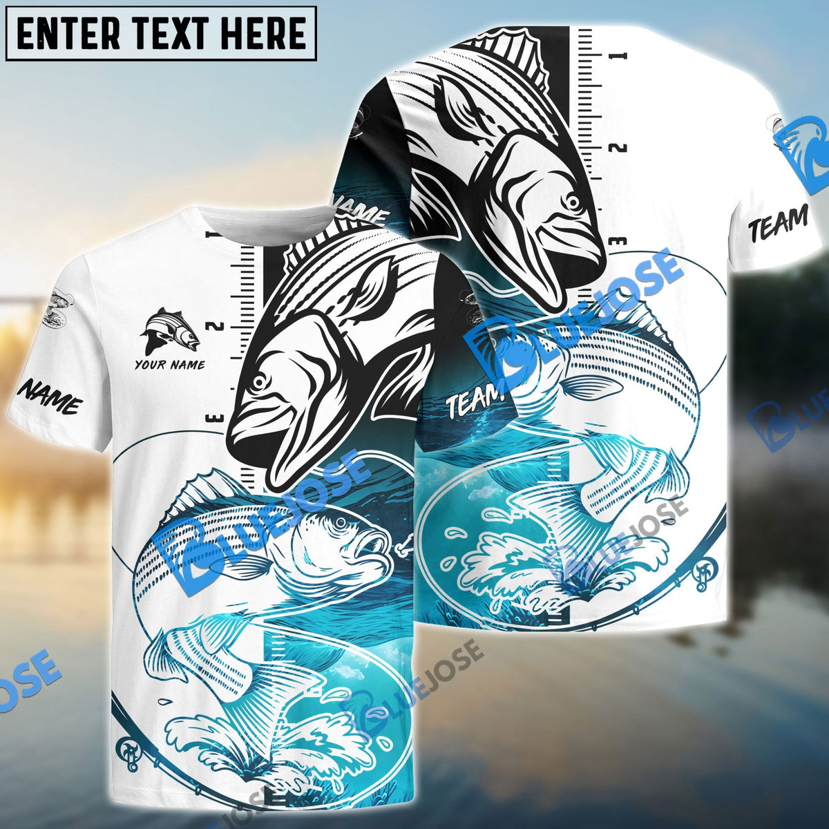 BlueJose Striped Bass Fishing White Blue Water Custom Name & Team Name 3D Shirts