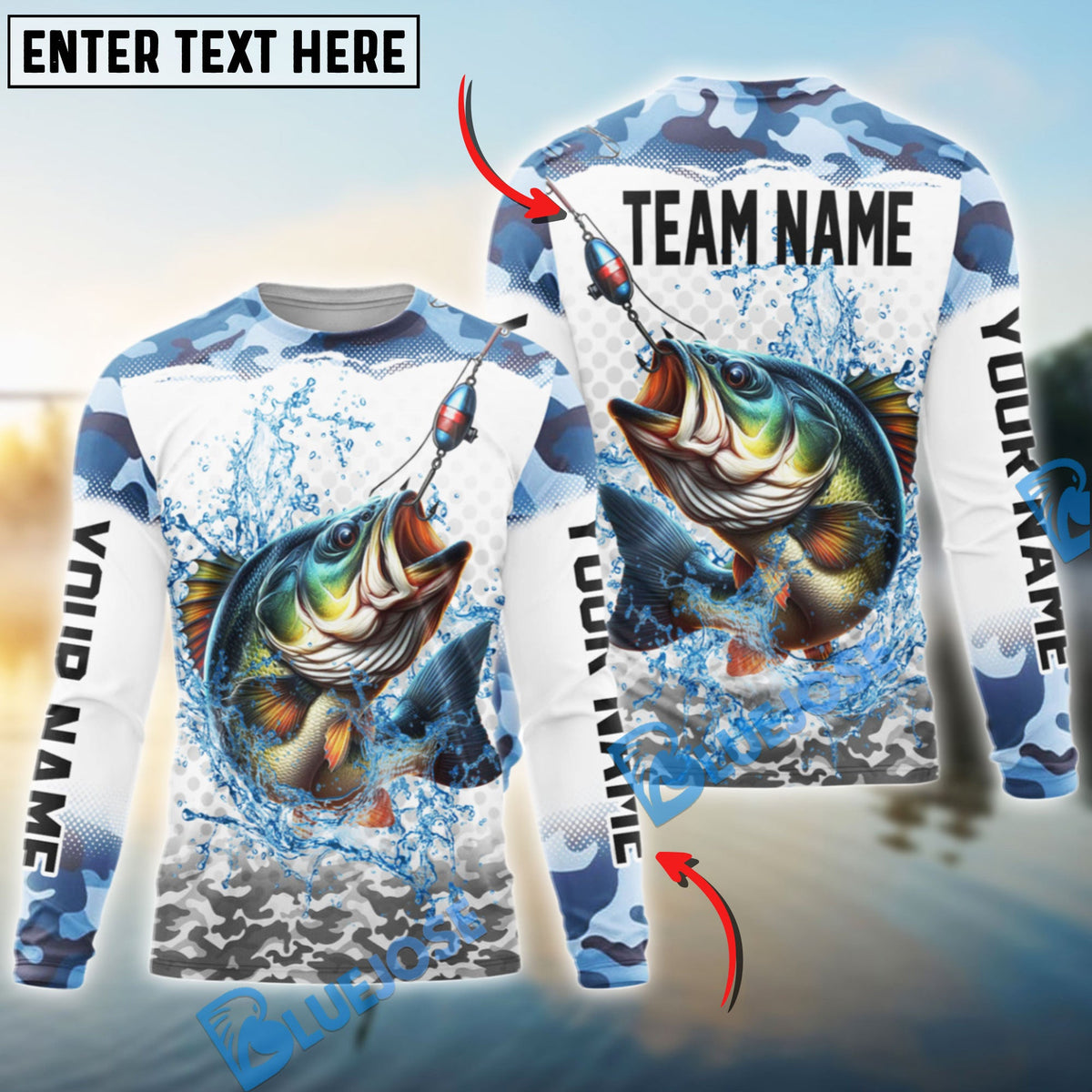 BlueJose Bass Fishing Black Water Blue Camo Custom Name & Team Name 3D Shirts