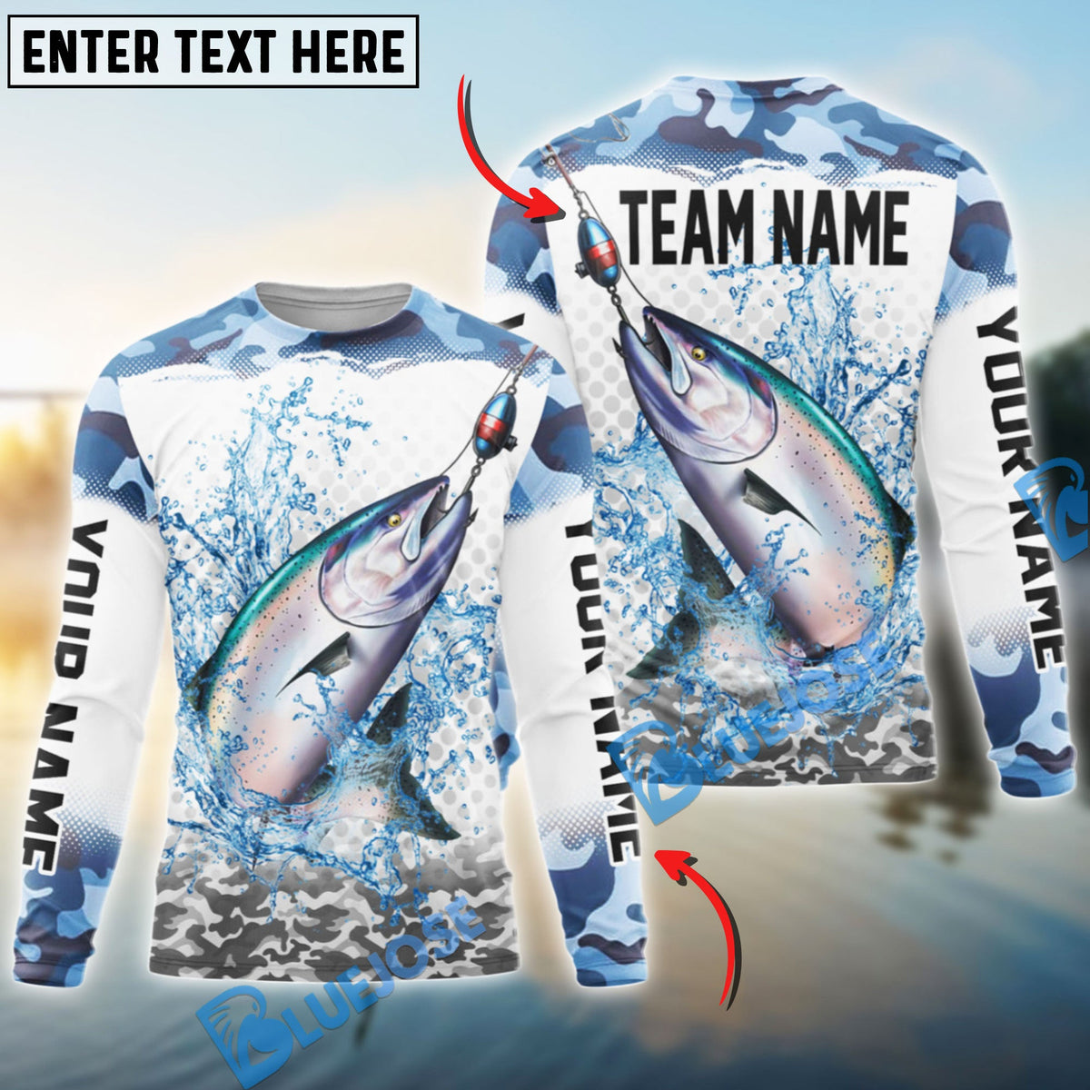 BlueJose Salmon Fishing Black Water Blue Camo Custom Name & Team Name 3D Shirts