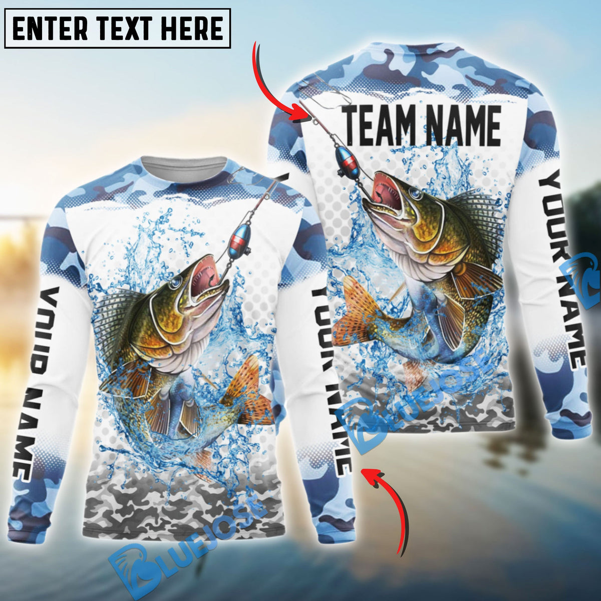 BlueJose Walleye Fishing Black Water Blue Camo Custom Name & Team Name 3D Shirts